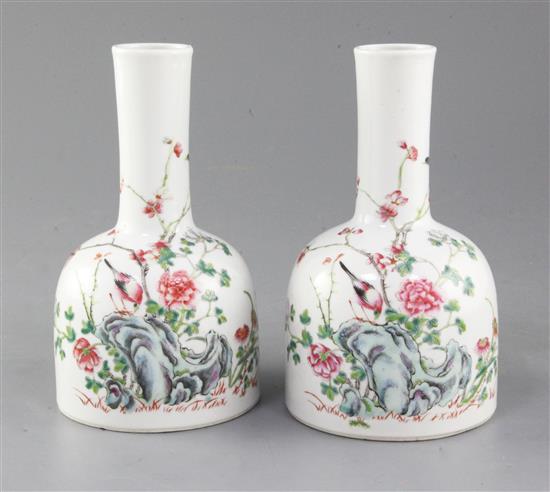 A pair of Chinese famille rose mallet-shaped vases, 19th century, height 18cm, one with shallow chip to inside of foot